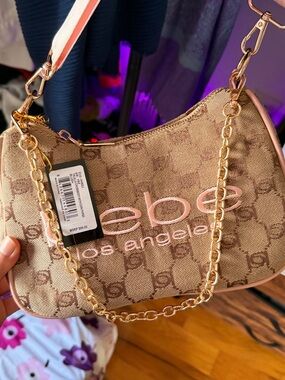 bebe Beige and Pink Logo Chain Mini Shoulder Bag